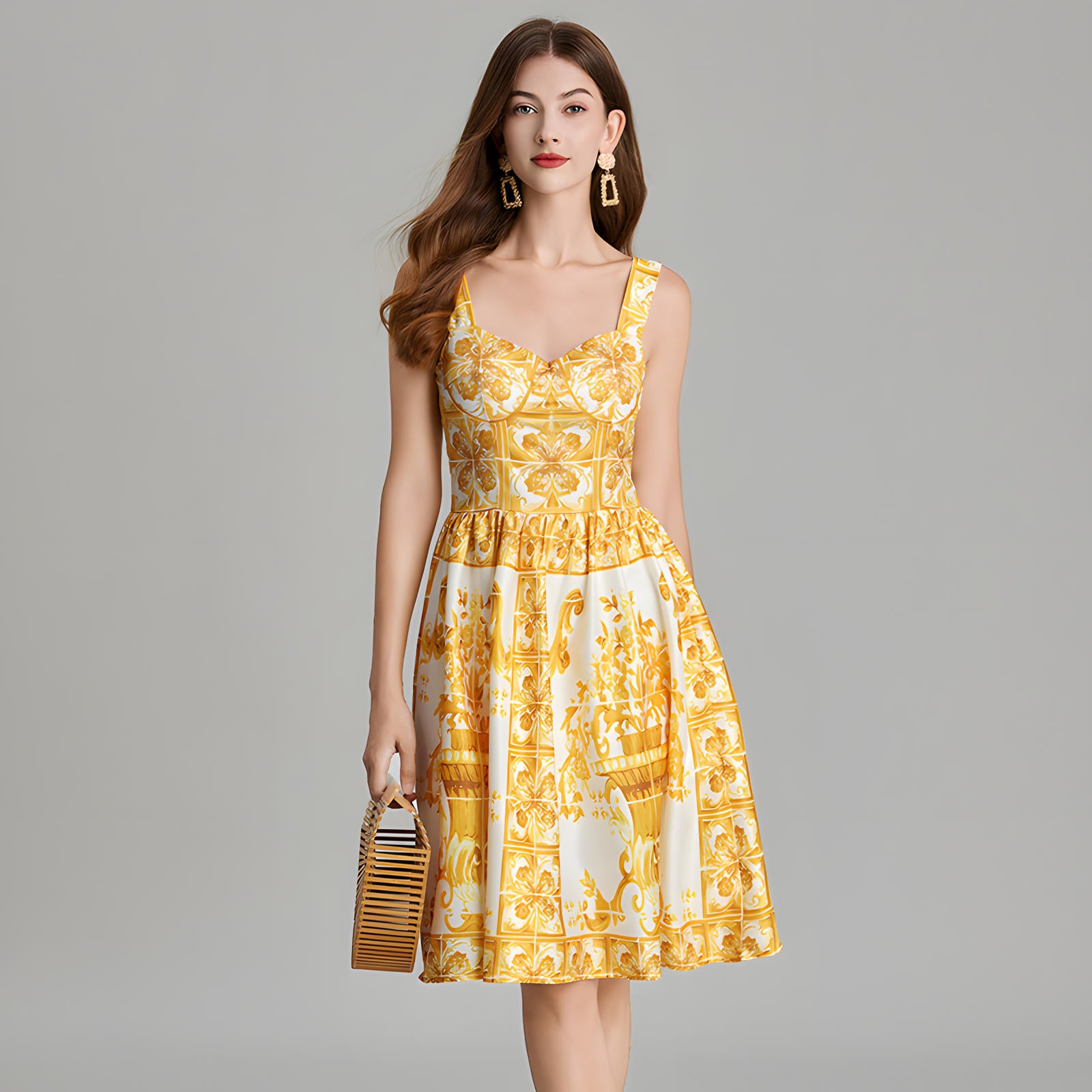 Baroque Pattern Printed Short Retro Dress With Corset Top - 815248774241_BAS